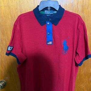 Polo by Ralph Lauren Men's Burgundy Polo Shirt with Blue Accents
